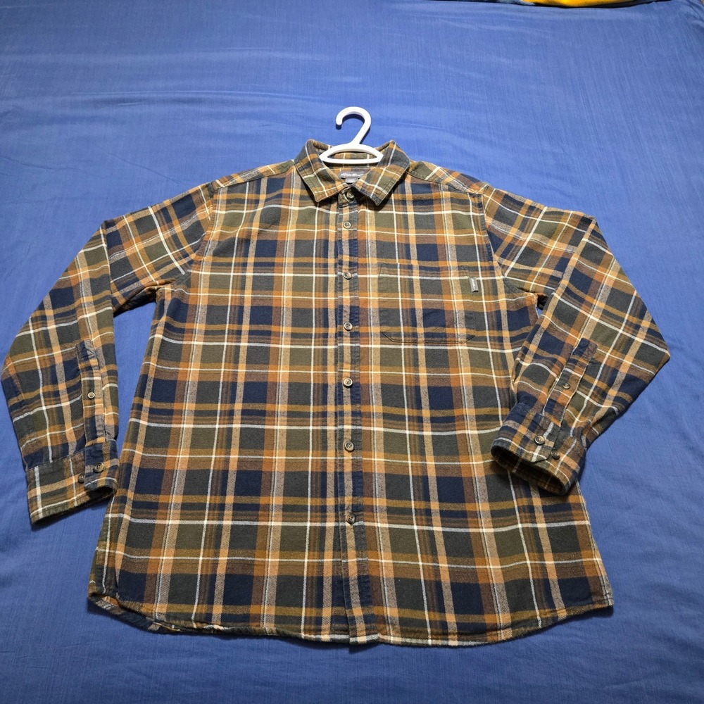 Eddie Bauer Flannel Shirt Mens Large Brown Plaid Excellent Cotton Button Down